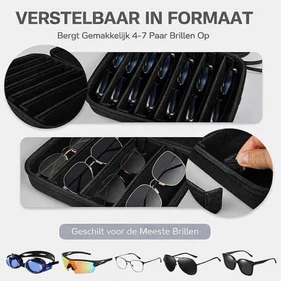 High-End Sort 4 til 7 Slots Justerbart Opbevaringsetui til Solbriller og Briller