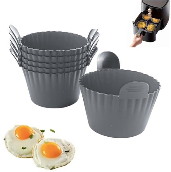 6-delad Airfryer Äggform, äggkoppar i silikon, kakbakformar, non-stick, för ägg, cupcakes, muffins, puddingar - Grå