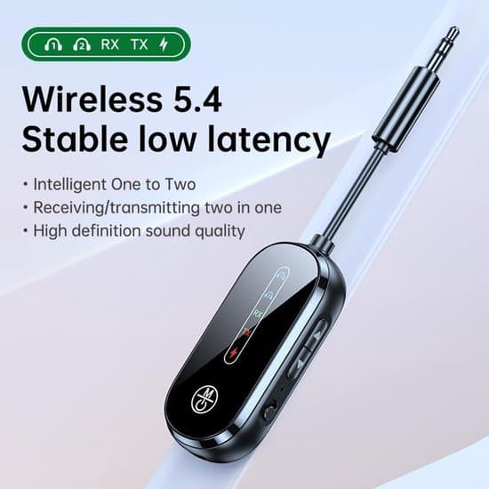 Bluetooth 5.4-adapter för flygplan/TV – 2-i-1 3,5 mm AUX-sändare – Stöder 2 AirPods – för PC, gym