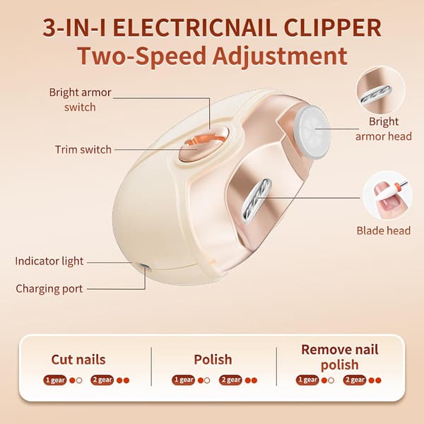3-i-1 Elektrisk Automatisk Nagelklippare, Trimmer & Buffer Set (Beige)