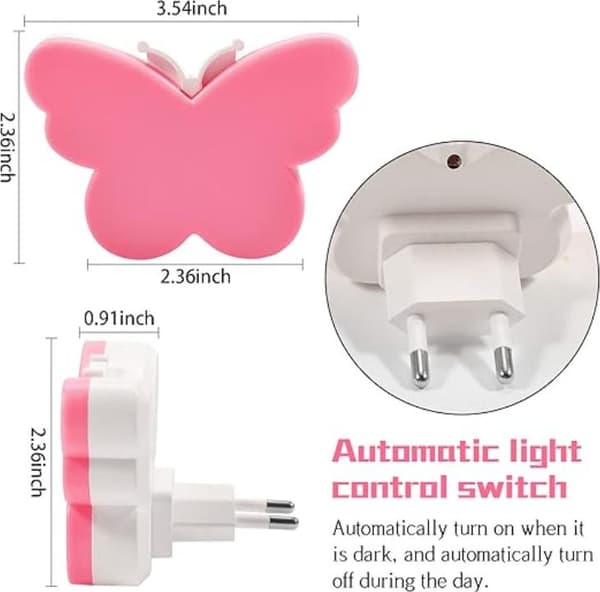 Firedelt LED-natlysholder sæt, med lyssensor, automatisk dæmpning, sommerfugledesign.