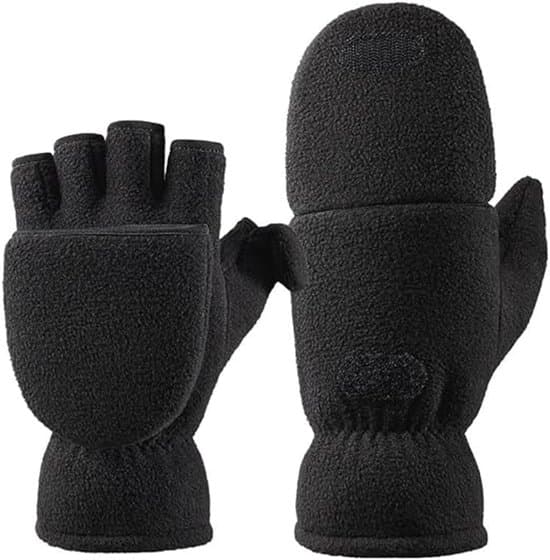 2-i-1 Handsker - 21*10cm - Polyester - Sort - Vinterhandsker - Fingerløse - Varme - Velcrolukning - Unisex - Elastisk håndledsrem