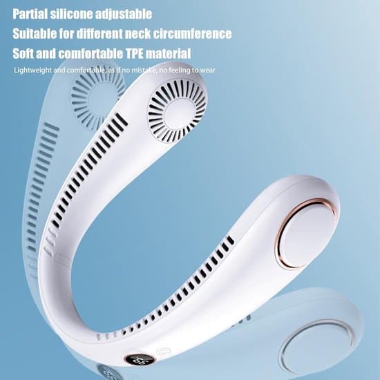 Bladeless halsventilator, 5 hastigheder, display, genopladelig, blå