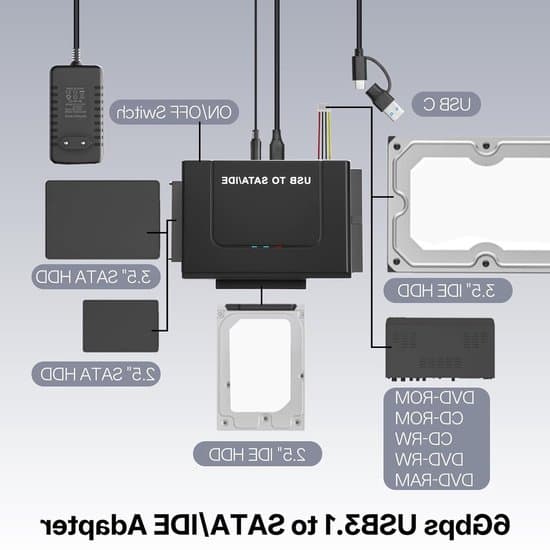 USB 3.1 till IDE/SATA hårddiskadapter, för 2,5-tums/3,5-tums hårddiskar/SSD:er, utrustad med 12V/2A strömförsörjning, för Windows/MacOS/Linux-system,...