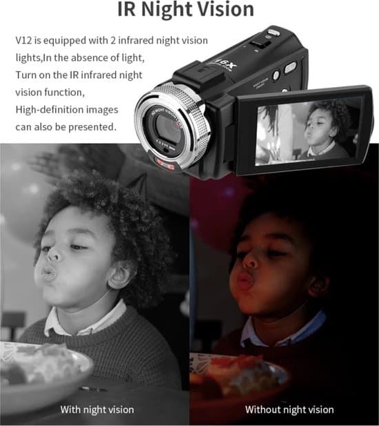 Velegnet til videokamera Handycam Vlog 12V Fuld HD Nattesyn Drejelig LCD Sort