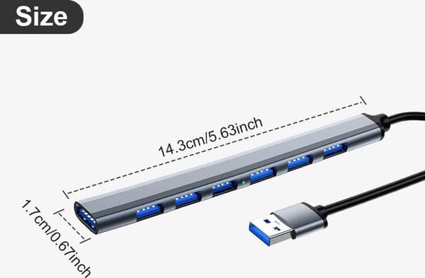USB 3.0 til USB 2.0/3.0 USB-hub, 7 porte, sølvgrå.