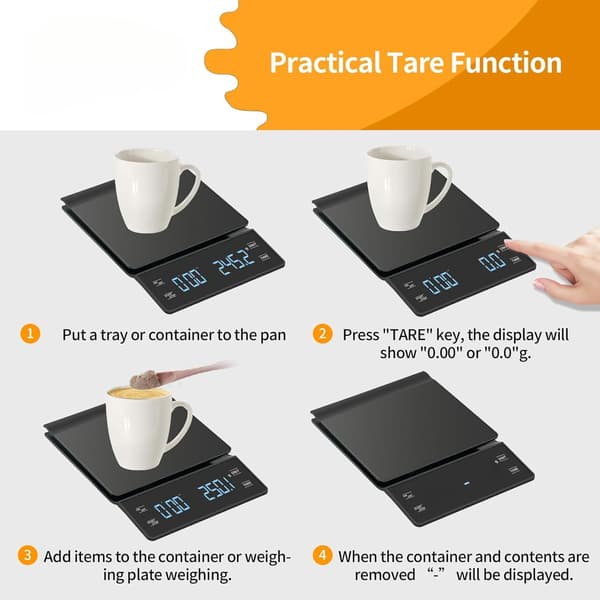 Digital kaffevåg med timer, 3kg/0.1g kapacitet.
