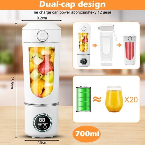 Bärbar Blender 700ml 12 Blad Milkshake Maker LCD USB-C Vit
