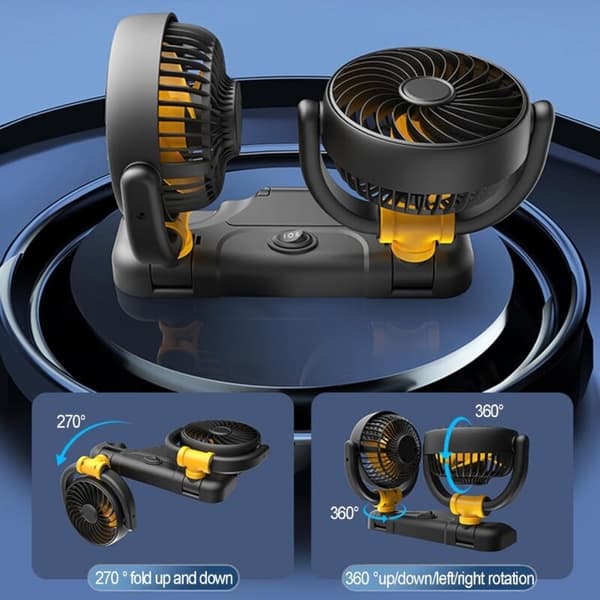 5V dobbelt-hoved bilventilator, 360° roterende USB bilventilator, bilventilator, varevognsventilator
