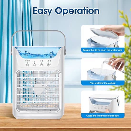 4-i-1 Bärbar Luftkonditionering, 700 ml, 2-dimma, 3-timer, 7-färgs LED
