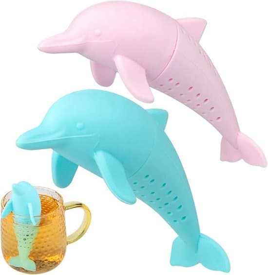 2-pak delfinformede silikone-tefiltre til løs te - blå/pink