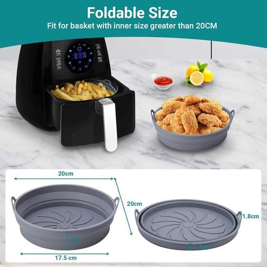2-pak flade runde sammenklappelige silikone airfryer bageformindsatser, grå