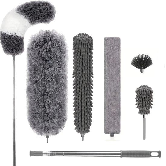 Mikrofiberdammvippa - Böjbar dammvippa - Hemstädning - Extra lång stång - 7 delar - Grå