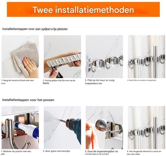 2-delt kost- og moppeholder - til køkken, badeværelse, garage og have - sølv - Rustfrit stål