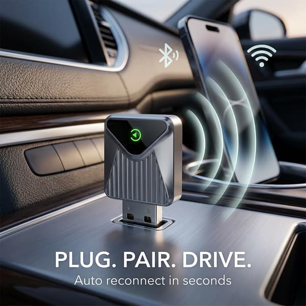 2-i-1 Trådløs Adapter til Apple CarPlay og Android Auto | Stabil Forbindelse | Konverterer Kablet til Trådløs, Sølv