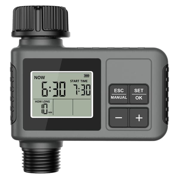 Digital timer för trädgårdsslang (grå, 1 utlopp), programmerbar timer med regnfördröjning/manuell/automatisk droppbevattning.