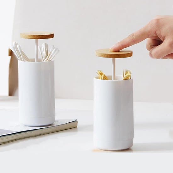 2-pack Push-to-Lock Bomullspinne Förvaringslåda med Lock, Q-Tip Dispenser för Badrum