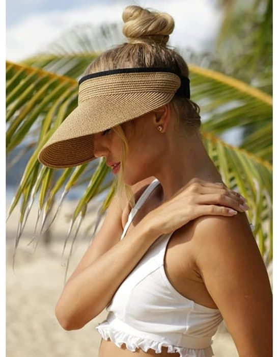 Dame foldbar stråhat med bred skygge, UPF 50+ solbeskyttelse, beige.