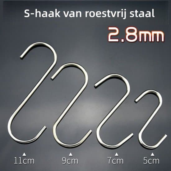50-pack 110x36x2,8 mm silver S-formade krokar i rostfritt stål