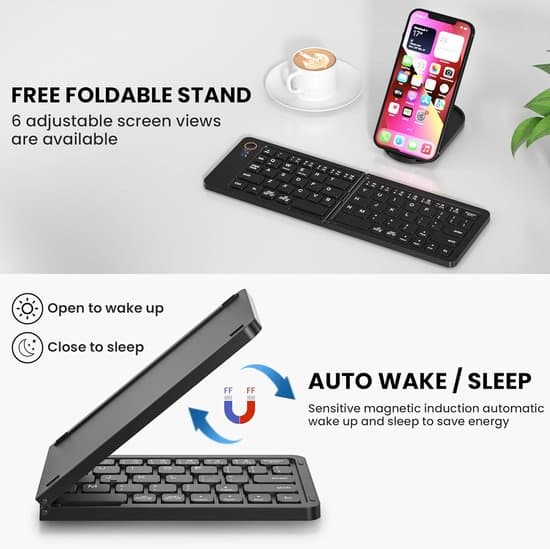 Mini hopfällbart Bluetooth-tangentbord - synkroniserar upp till 3 enheter - ultratunt aluminium, resevänligt - för iPhone, iPad, Mac, Android, Windows, iOS (svart)