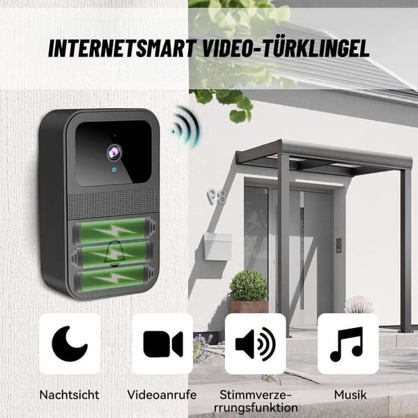 Smart dörrklocka med kamera, trådlös videodörrklocka, stöder 2,4 GHz Wi-Fi och har röstförvrängande intercomfunktion.