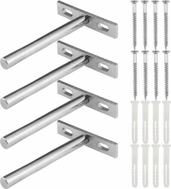4-delade silverfärgade T-formade flytande hyllkonsoler i järn, 70*100 mm, dolda, för DIY-väggmontering