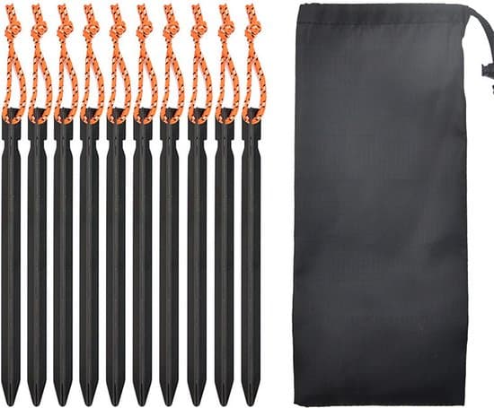 10-pack V-formade tältpinnar i aluminium med dragsko och väska, 18 cm