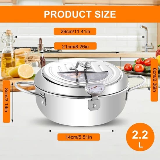 21 cm diameter 2,2 L japansk mini-fritös med termometer - silver