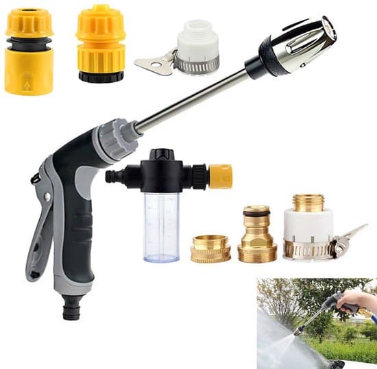 Högtrycksspruta, kraftfull spray, högtryckstvätt, tryckspruta, lämplig för trädgårdsslangar, justerbart vattenflöde, för bevattning.