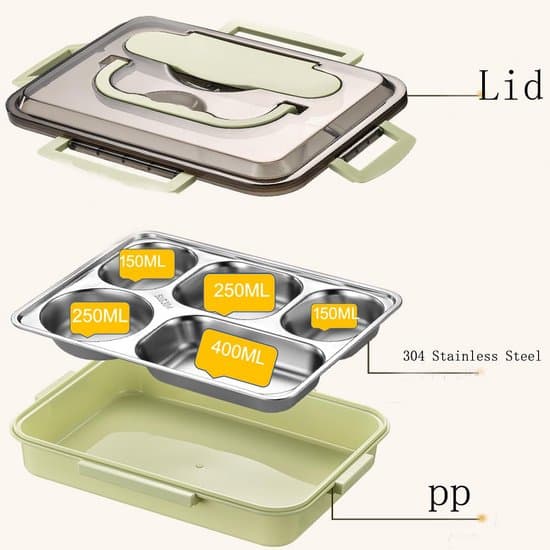 304 Rustfrit Stål Bento Boks - 5 Rum - Grøn 30*24 cm