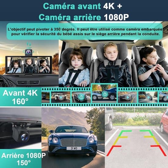 Trådløst bærbart billydsystem, 10,26-tommer skærm, dobbelt 4K dashcam-display