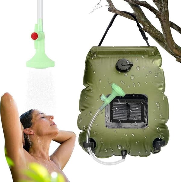 Udendørs solbruser, 20-liters campingbruser, solvandvarmer, campingbruserpose med brusehoved.