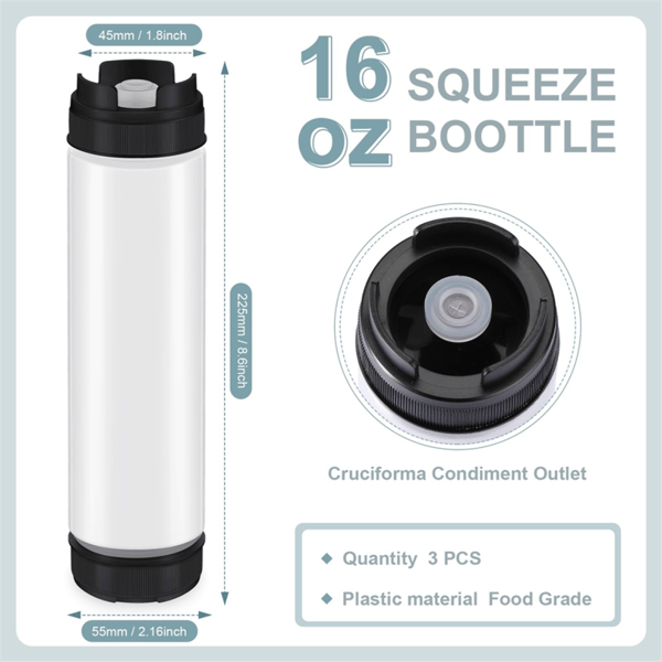 set med tre 400 ml mjukglass-kryddflaskor, inverterade plastflaskor.