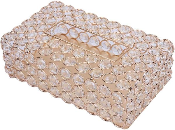 Rektangulær servietdispenser, servietholder i rustfrit stål med låg i imiteret krystal (guld).