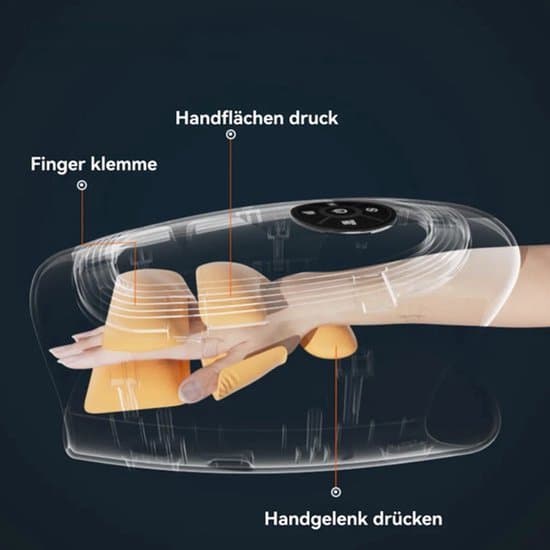 Handhållen massageapparat med 4 program, 3 trycknivåer, 2 temperaturinställningar och timer för handleder/fingrar.