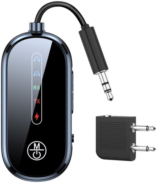 Bluetooth 5.4-adapter för flygplan/TV – 2-i-1 3,5 mm AUX-sändare – Stöder 2 AirPods – för PC, gym