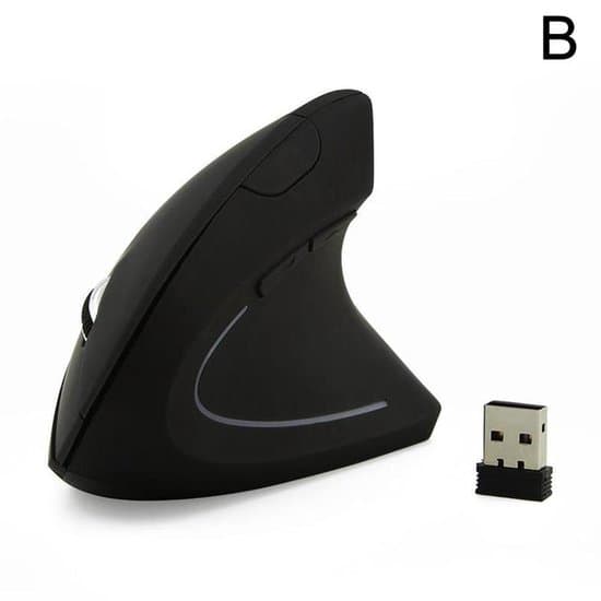 Sort trådløs, ergonomisk vertikal optisk USB-mus egnet til bærbare computere.
