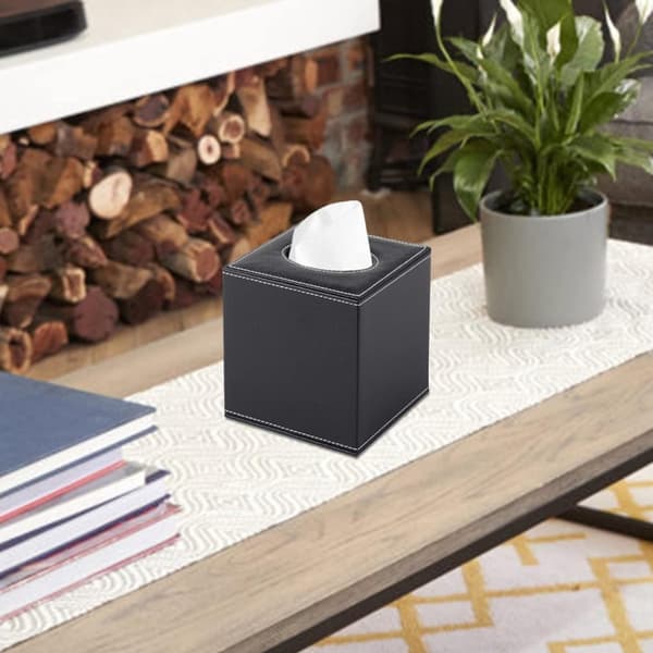 Faux læder rektangulær tissueboks (sort, 13,5x13,5x14,7cm)