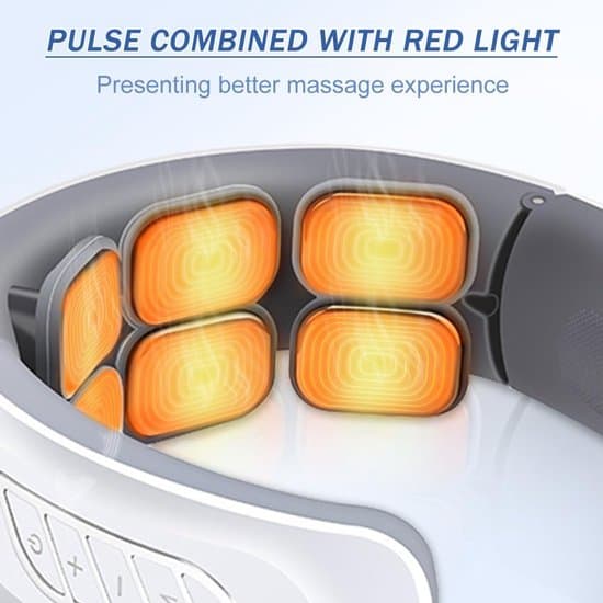 Hvid 6-hoveds smart nakkemassager med 42°C varmeterapi og 6 tilstande