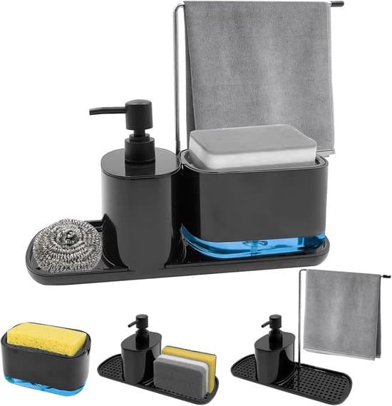 4-i-1 Vask Organizer: Sæbedispenser, Svamp & Viskestykkeholder - Sort