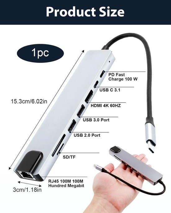 8-i-1 USB-C Hub - Ethernet - 4K HDMI - 100W PD - Grå