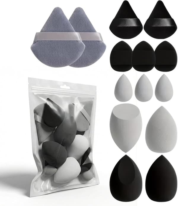 14-delt genanvendelig sort makeupsvamp og minimixer sæt til foundation