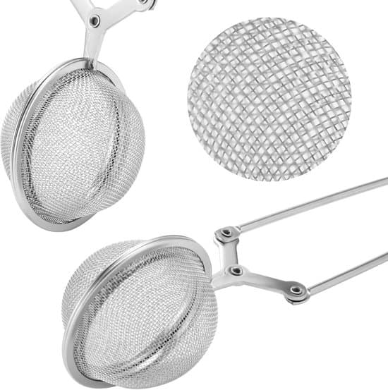 4-delt te-sæt i rustfrit stål (4,5 cm diameter) med te-si, tang og kugle.