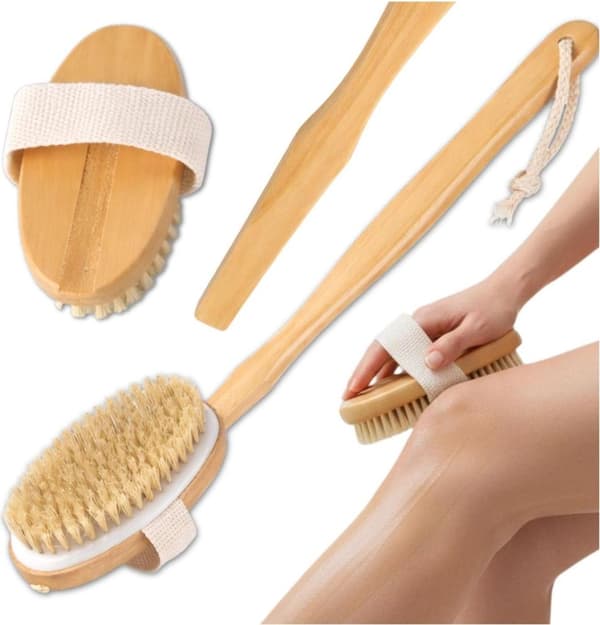 Badebørste, rygmassager, eksfoliator, langskaftet 2-i-1