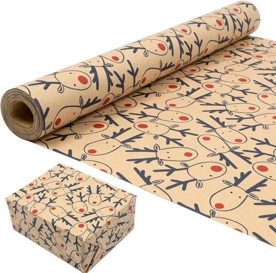 Julklappspappersrulle: Blå Älg Festlig Design Återvinningsbart Kraftpapper 43cm x 15m