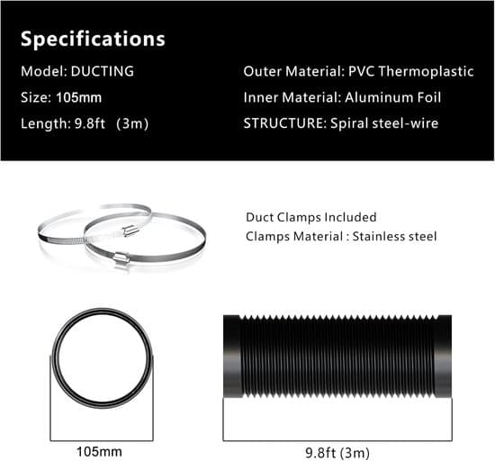 Aluminium-PVC ventilationskanal, 100 mm x 3 meter med 2 klemmer