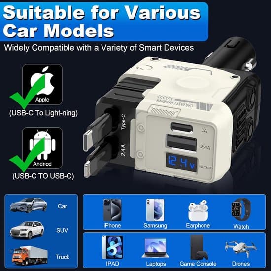 66W infällbar USB-C snabbladdande billaddaradapter