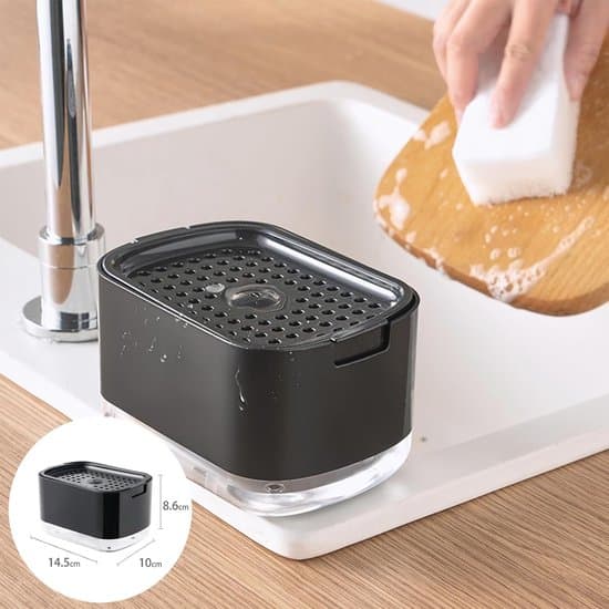 Sæbedispenser med svampeholder - Sæbedispenser - Sort sæbedispenser - Køkken sæbedispenser - ABS-plast - Sort