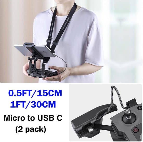 30cm+1.5m (2-pak) Micro til USB-C aluminiumsdatakabel til iPhone 15 Pro, DJI Mavic Mini/SE, Air/Pro, Spark til tabletforbindelse.