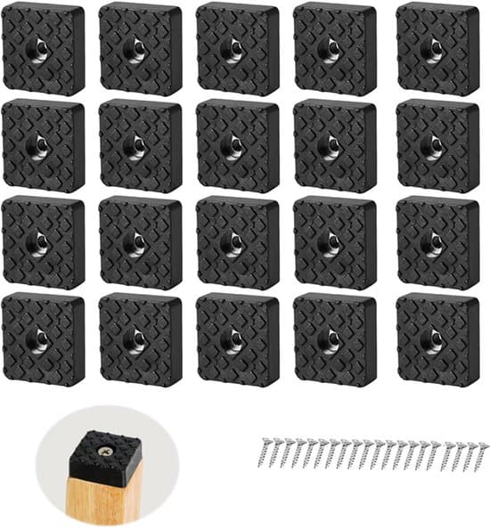 20-pak 30x30 mm sorte gummimøbelfødder med skruer